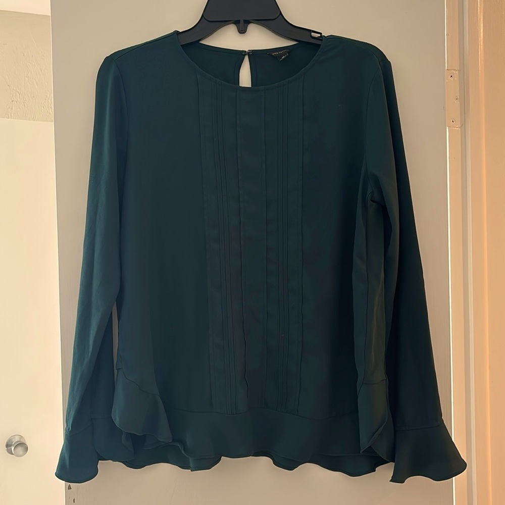 Deep green Ann Taylor long-sleeve top with ruffle details